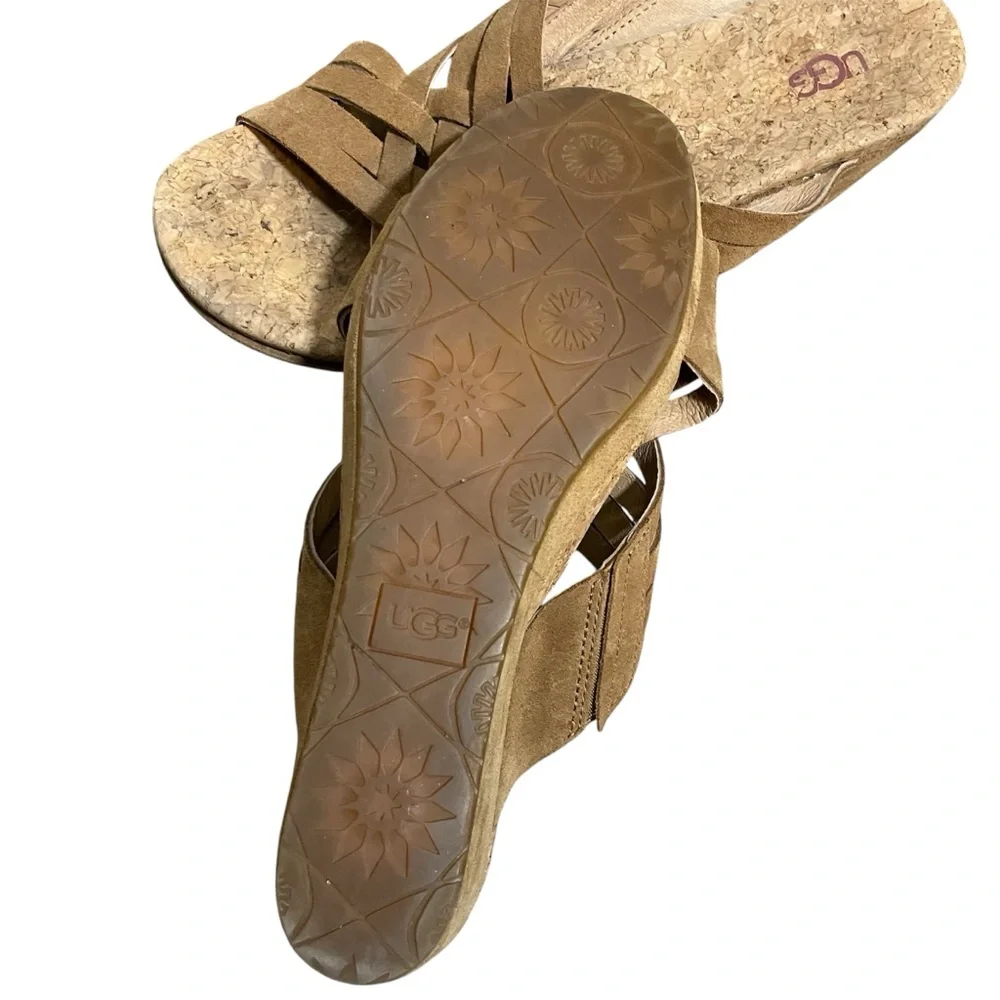 UGG Lilah Wedge Chestnut Brown Suede Cork Strappy Sandals Slip On